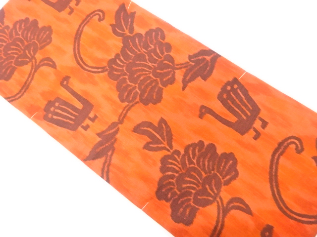 未使用品　手織り節紬　花唐草に抽象動物模様織り出し　全通袋帯